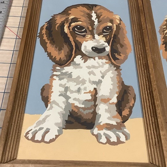 Retro Paint By Numbers Dog Pair Cocker Spaniel and Beagle Framed Pair MCM Era - Picture 2 of 16